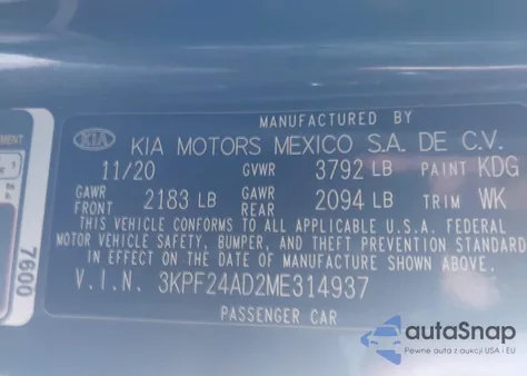 2021 Kia Forte Fe z USA, uszkodzony, nr VIN 3KPF24AD2ME314937